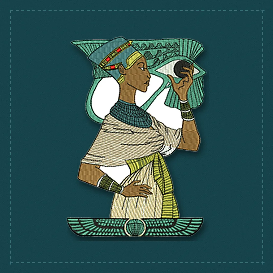 Detailed Egyptian queen design embroidered in teal and gold thread