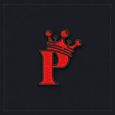 Red letter P with a crown, embroidered with black outline on dark twill