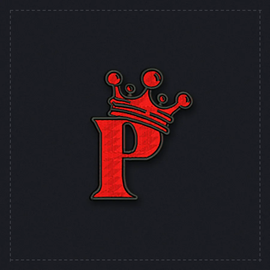 Red letter P with a crown, embroidered with black outline on dark twill