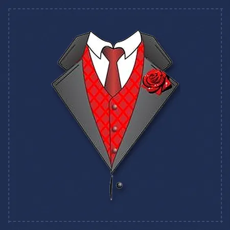 Vector illustration of a tuxedo jacket with a red patterned vest and rose