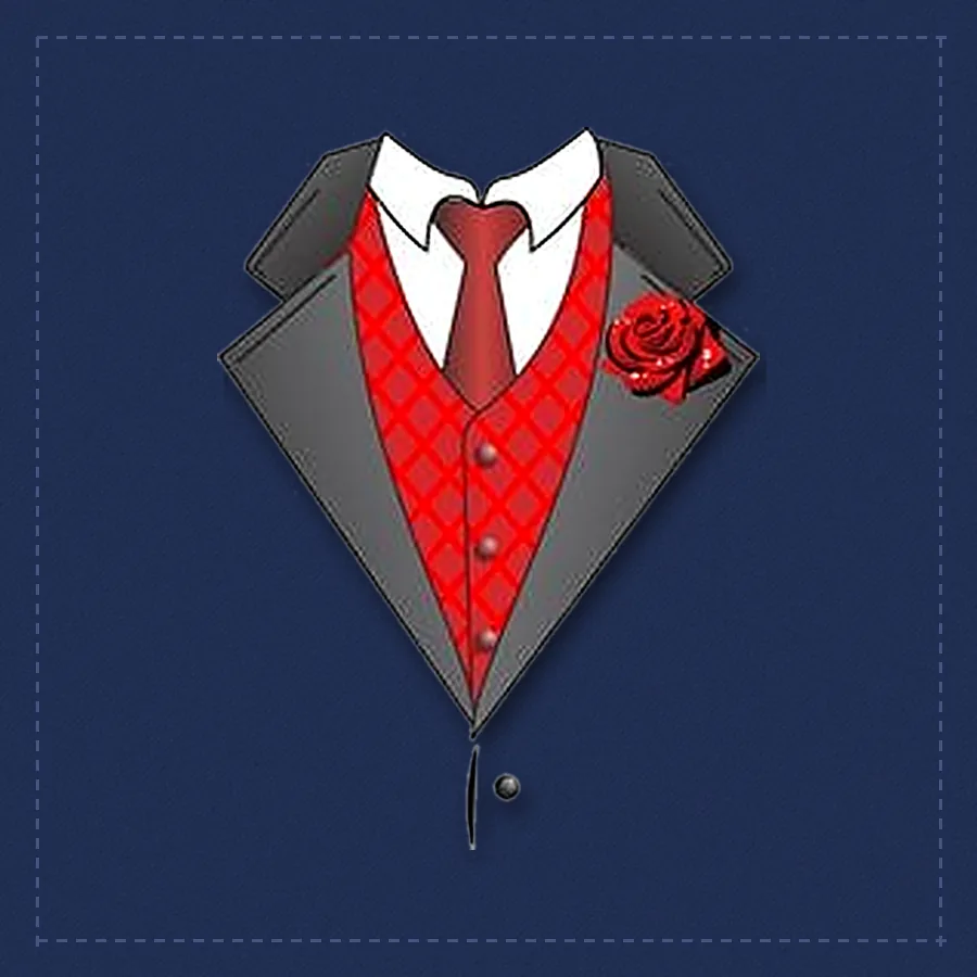 Tuxedo vest design with red diamond pattern and rose lapel pin