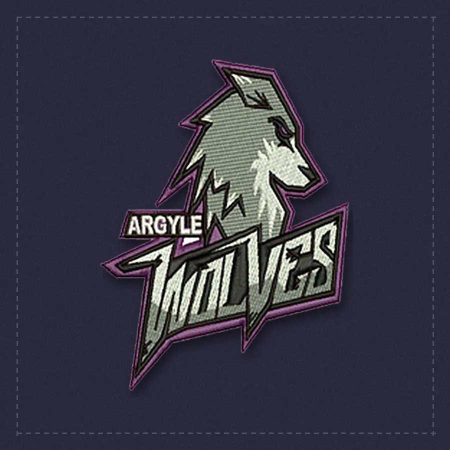 Wolf mascot embroidered as a patch design with a purple border